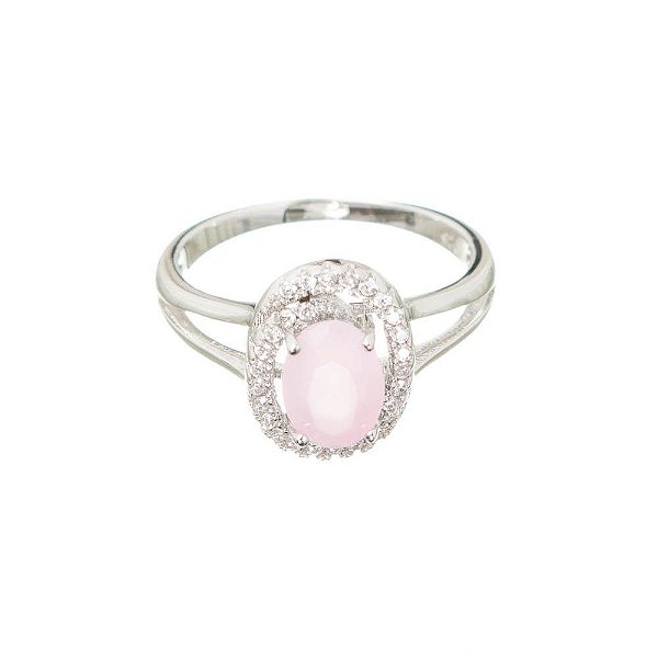 Solitário Prata Quartzo Rosa Oval e Zircônias - Aro 19