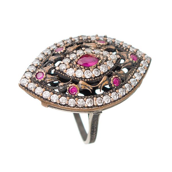 Anel Joia Turca Navete Prata Zircônias e Pedras Naturais Aro 17