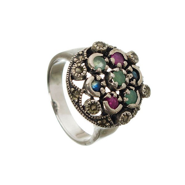Anel de Prata Flor Rubi Safira Esmeralda Aro 21