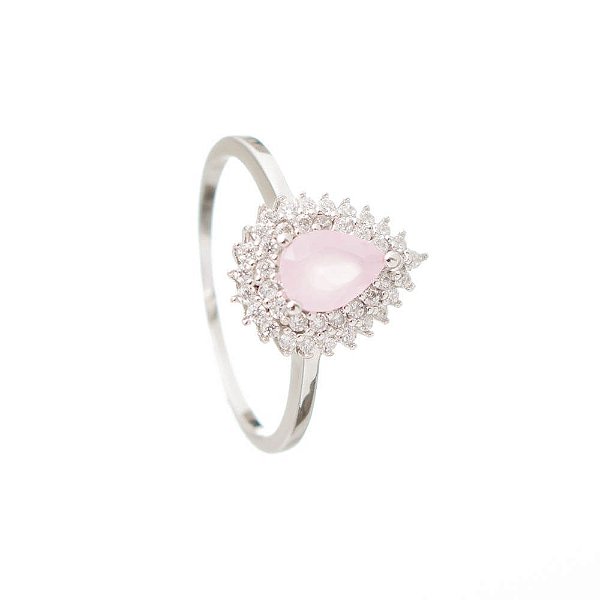 Solitário Quartzo Rosa Chuveiro Prata e Zircônias - Aro 21