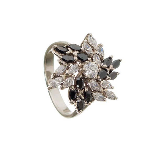 Anel Festa Prata Flor Navete Zircônias Aro 18