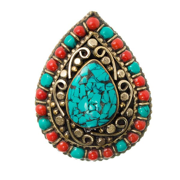 Anel Nepal Alpaca Coral Turquesa Aro 18