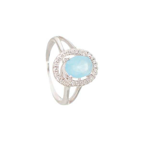 Solitário Prata Quartzo Azul Oval e Zircônias - Aro 15