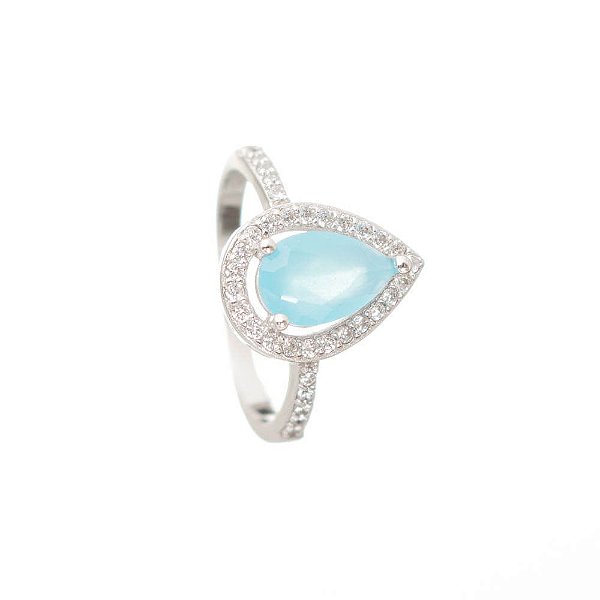 Anel Prata Solitário Quartzo Azul Lágrima e Zircônias Aro 16