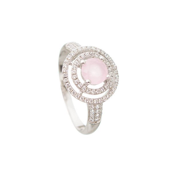 Solitário Quartzo Rosa Círculos Prata e Zircônias - Aro 21