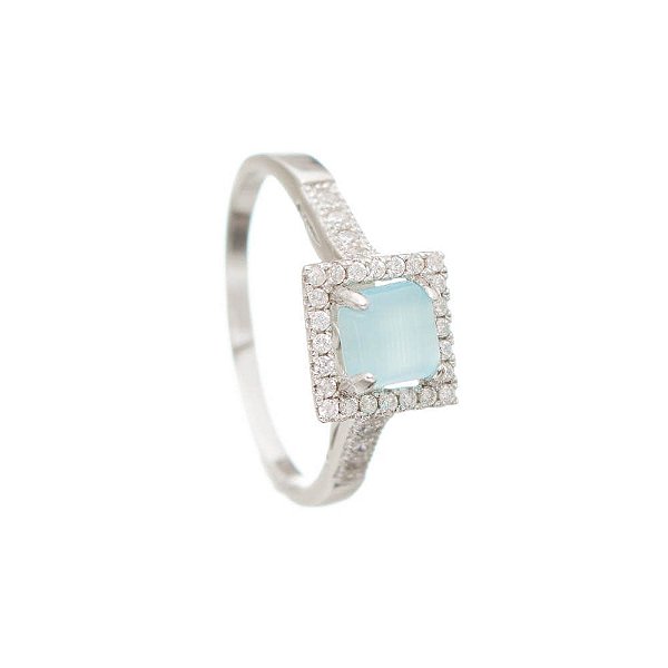 Solitário Quartzo Azul Cabochão Prata e Zircônias - Aro 22