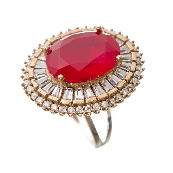Anel Joia Turca Oval Vermelho Prata e Zircônias Aro 14