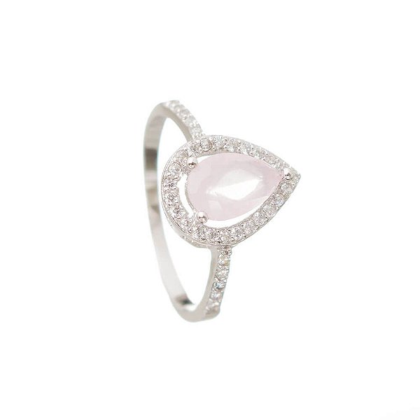 Anel Solitário Prata Quartzo Rosa Lágrima e Zircônias Aro 22