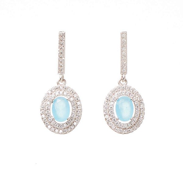 Brinco Prata Quartzo Oval Azul Zircônias Pendente