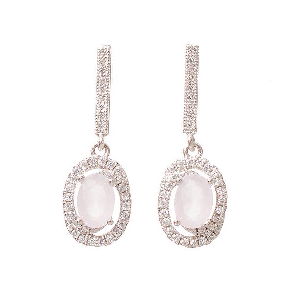 Brinco Prata Quartzo Rosa Oval Zircônias Pendente