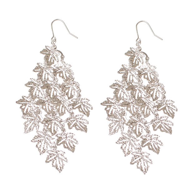Brinco Prata Cascata Folhas Plátano Diamantado