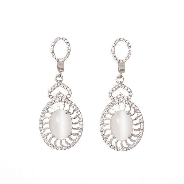 Brinco Prata Quartzo Branco Leitoso Cabochão Zircônias