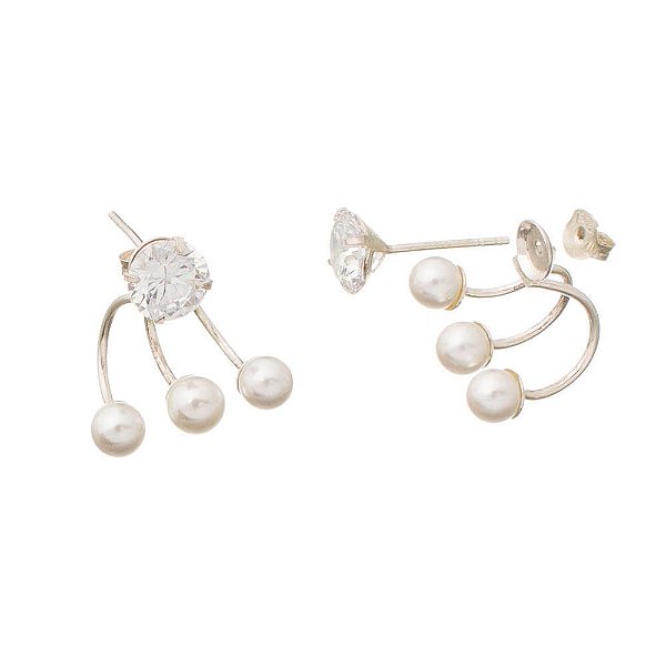 Brinco Prata Ear Jacket Zircônia Pérolas