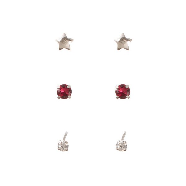 Trio Brinco Prata Estrela Ponto Luz Zircônia