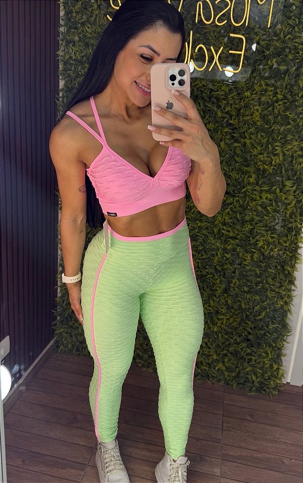 Conjunto Semi Empina Brocado Verde/Rosa -P/M/G