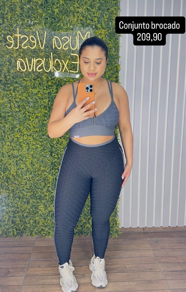 Conjunto Semi Empina Brocado Preto/Cinza  -Tamanho único 38 a 42
