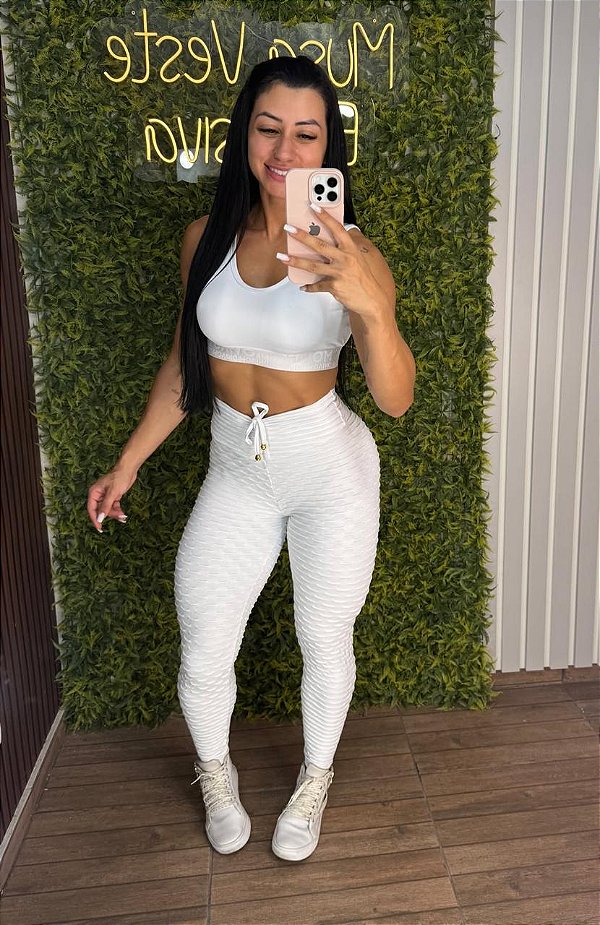 Legging Semi Empina Brocado Branco -Tamanho único 38 a 42