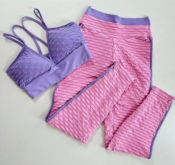 Conjunto Semi Empina Brocado Lilás e Rosa- Tamanho único 38 a 42/44