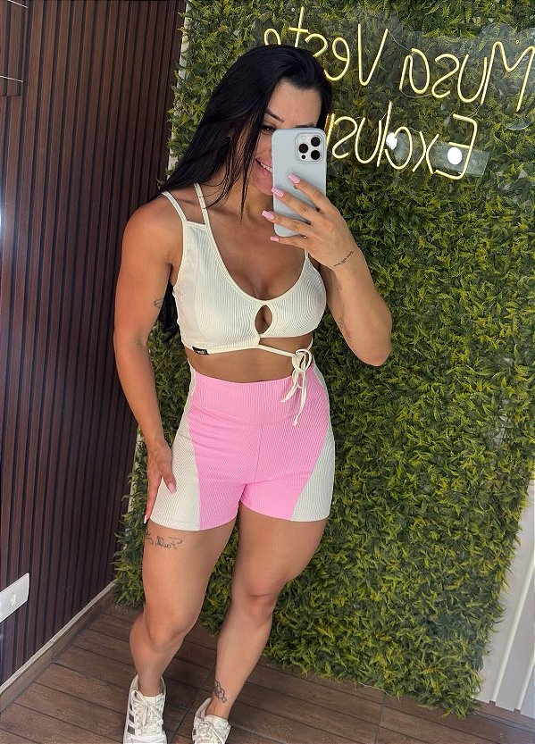 Conjunto Curto Tradicional Canelado Rosa/Off -Tamanho único 38 a 42+