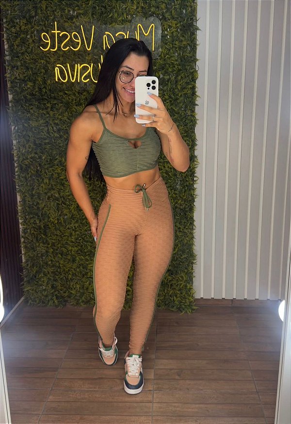 Conjunto Semi Empina Brocado Marrom/Verde - Tamanho único 38 a 42+