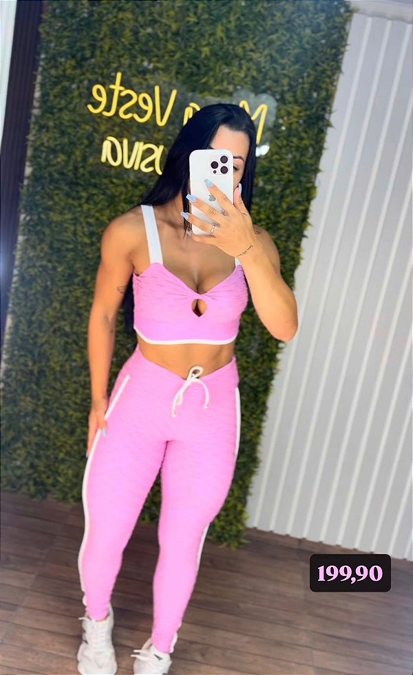 Conjunto Semi Empina Brocado Rosa/Branco -Tamanho único 36 a 42