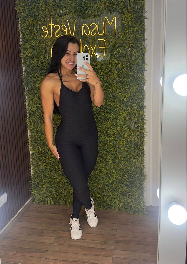 Macacão Semi Empina Brocado Preto - M/G 38 a 42