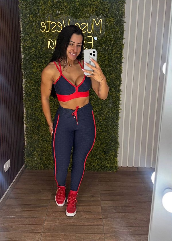 Conjunto Semi Empina Brocado Vermelho/Azul - Tamanho único 38 a 42+