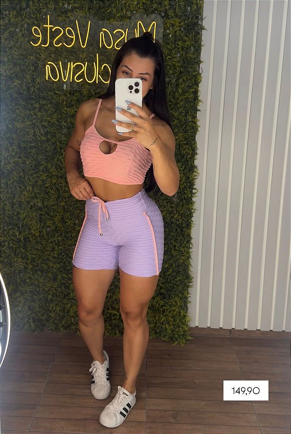 Conjunto Semi Empina Brocado Rosa/Lilás - Tamanho único (36 a 42+)