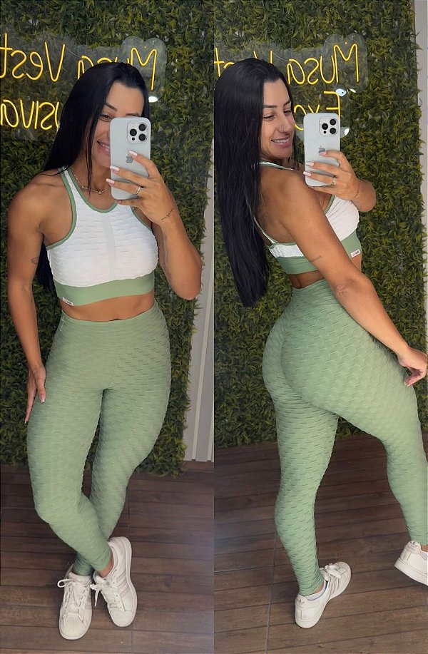 Conjunto Semi Empina Brocado Verde/Branco- Tamanho único 38 a 42+