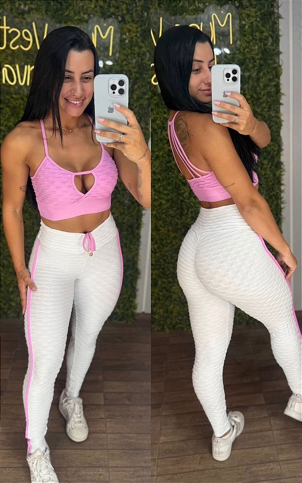 Conjunto Semi Empina Brocado Branco Recort Rosa - Tamanho único 38 a 42/44