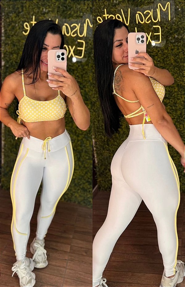 Conjunto Semi Empina Branco Poá /Amarelo -Tamanho único 38 a 42