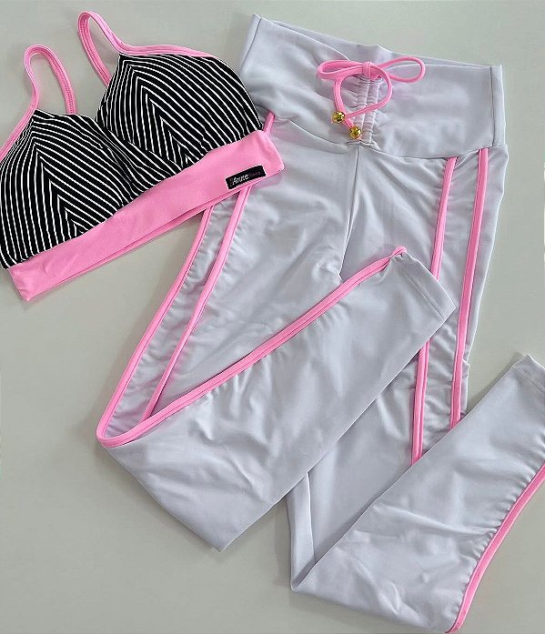 Conjunto Semi Empina Branco Recort Rosa -Tamanho único 38 a 42