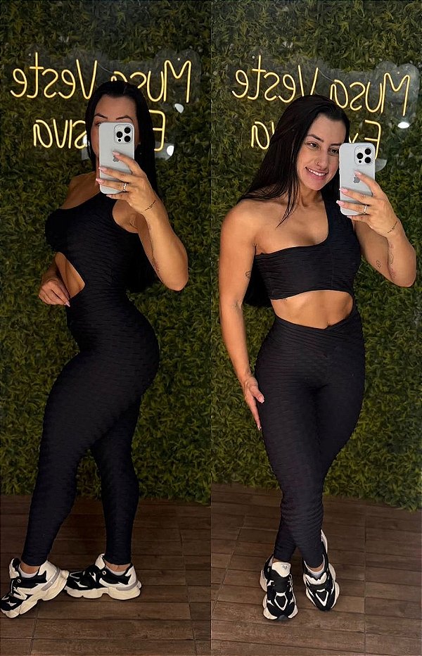 Macacão Semi Empina Brocado Gota Lateral Preto - Tamanho único 38 a 42