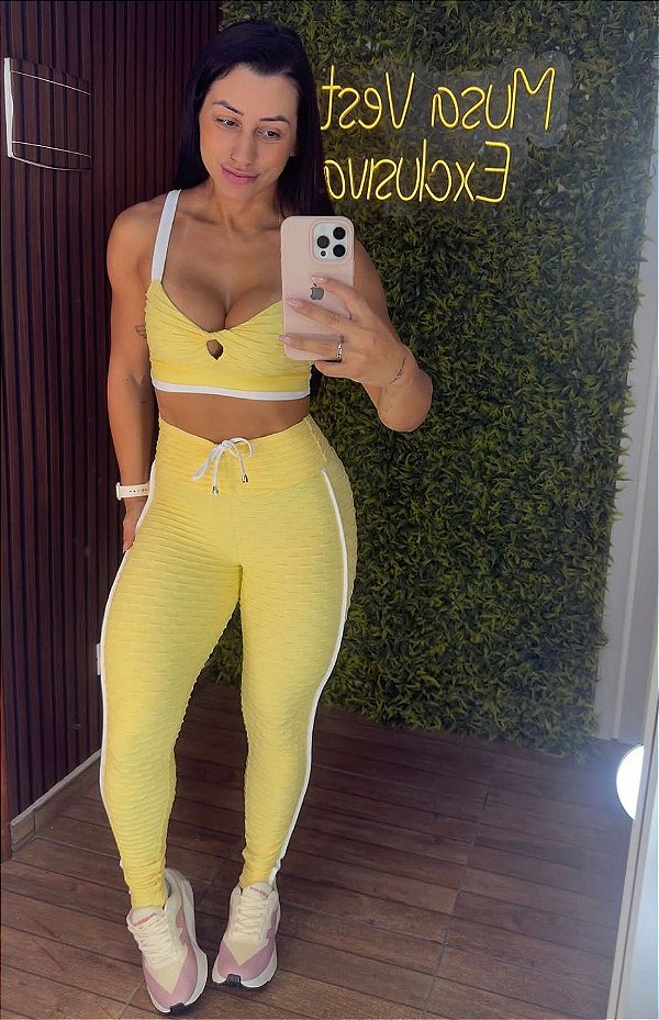 Conjunto Semi Empina Brocado Amarelo/Branco - Tamanho único 38 a 42/44