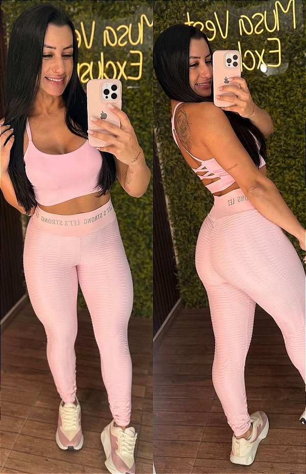 Legging Semi Empina Brocado Rosa- Tamanho único 38 a 42