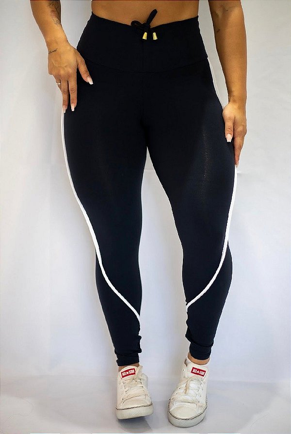 Legging Empina Recort Preta/Branco - Tamanho único 38 a 42
