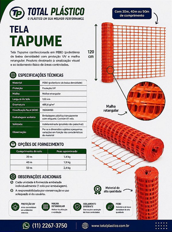 Tela Tapume Laranja 1,20 m