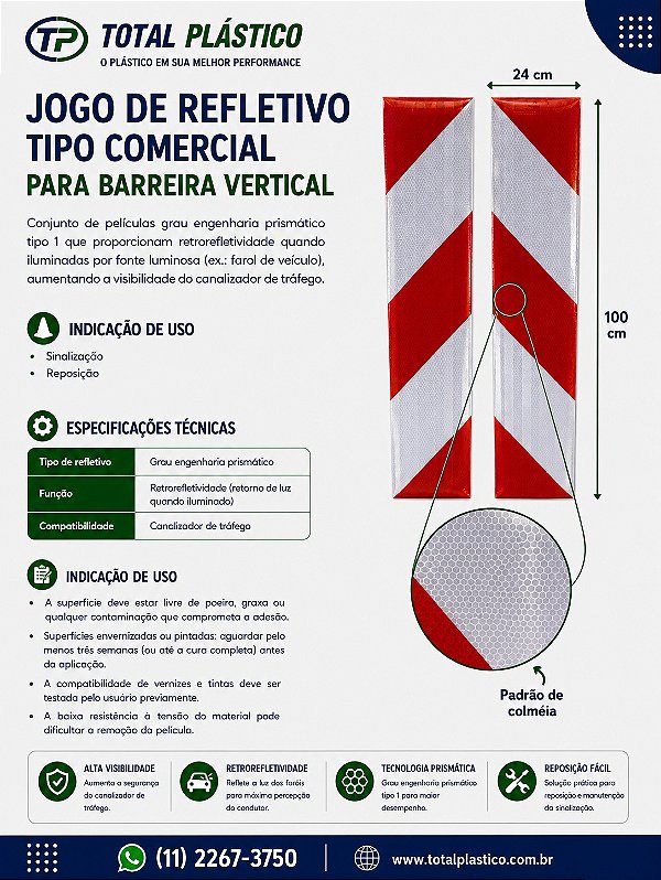 Jogo de Refletivo para Barreira Vertical 100 x 24 cm