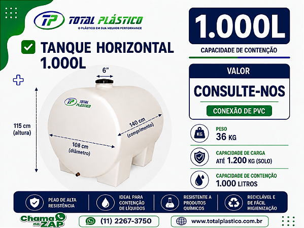 Tanque para Óleo Diesel Horizontal 1.000 Litros