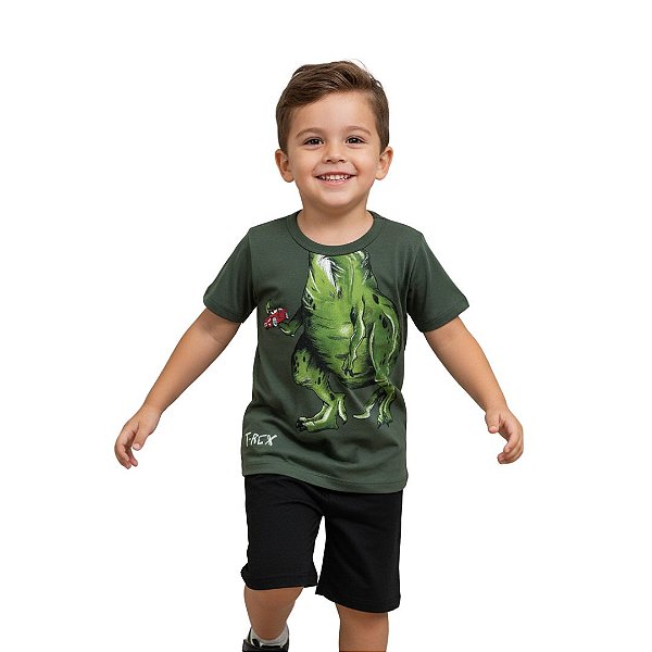 pijama dinossauro infantil menino algodão camiseta verde short preto com elástico tamanho 4 anos
