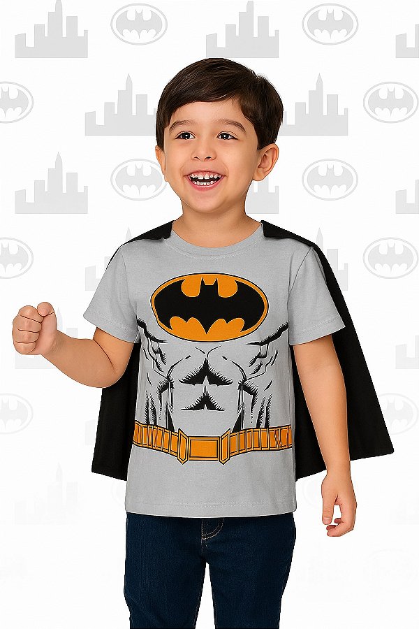 camiseta batman com capa infantil menino manga curta malha algodão tamanhos 4 e 10 anos