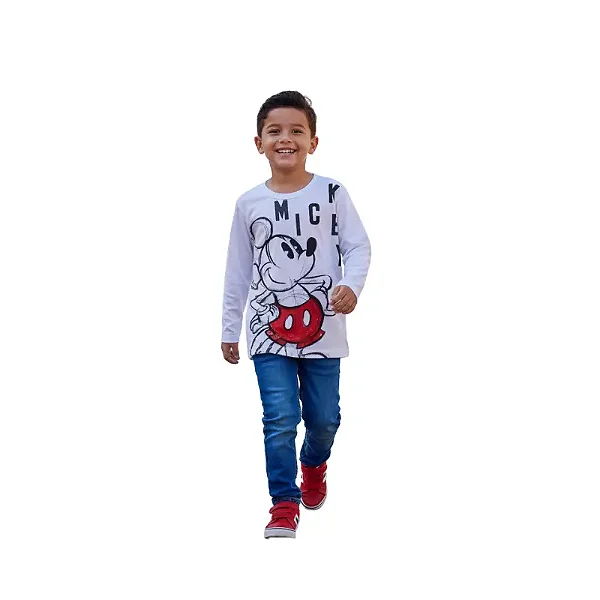 camiseta mickey infantil masculina manga longa algodão confortável branca tamanhos 4 e 6 anos