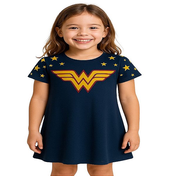 vestido mulher maravilha infantil manga curta azul algodão liga da justiça tamanho 6 anos