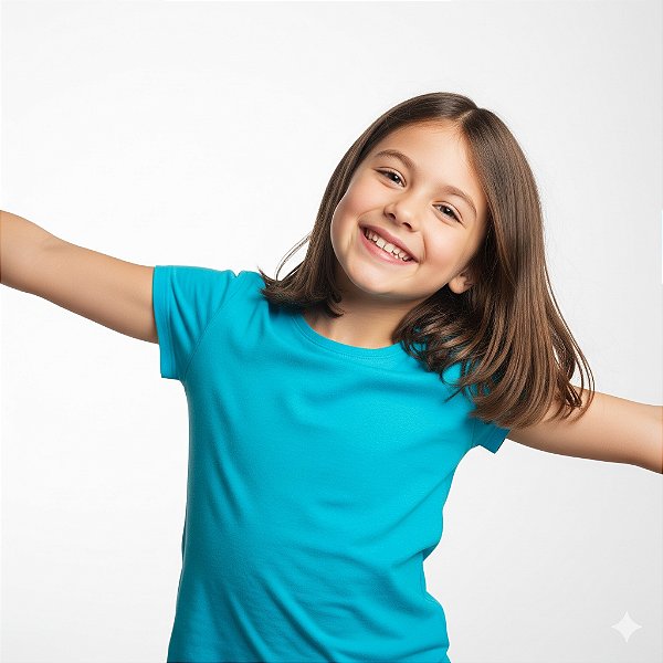 camiseta azul turquesa lisa infantil unissex 100% algodão confortável vários tamanhos 2 a 16
