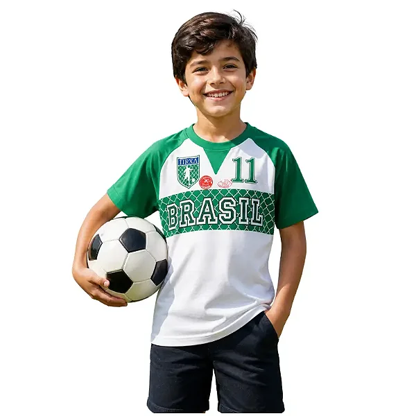 camiseta infantil menino Brasil multicolorida 100% algodão confortável tamanhos 6 a 16 anos