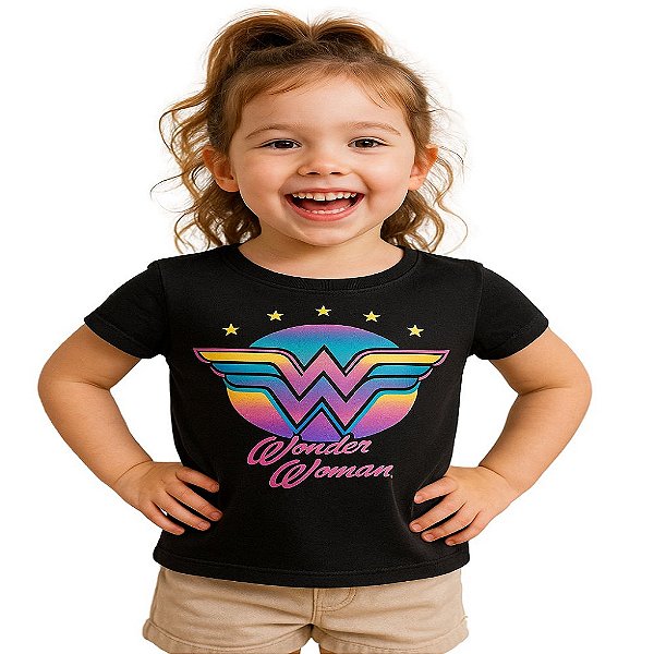 blusa mulher maravilha infantil feminina preta manga curta algodão  tamanhos 6 anos