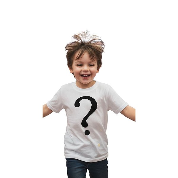 camiseta customizada infantil unissex 100% algodão estampa interrogação DTF tamanhos 2 a 16