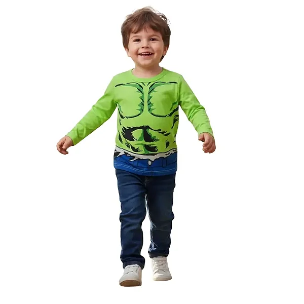 camiseta hulk bebe manga longa verde limão estilo fantasia meia malha algodão tamanhos 2 e 3 anos