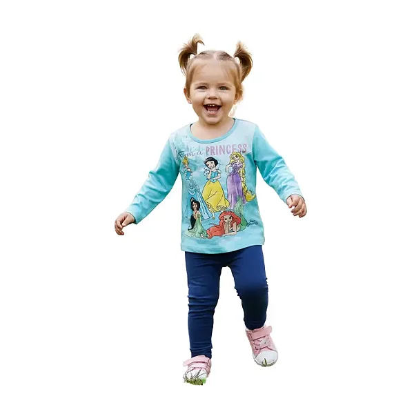 blusa de princesa disney infantil menina manga longa malha algodão azul claro tamanhos 2 e 3 anos