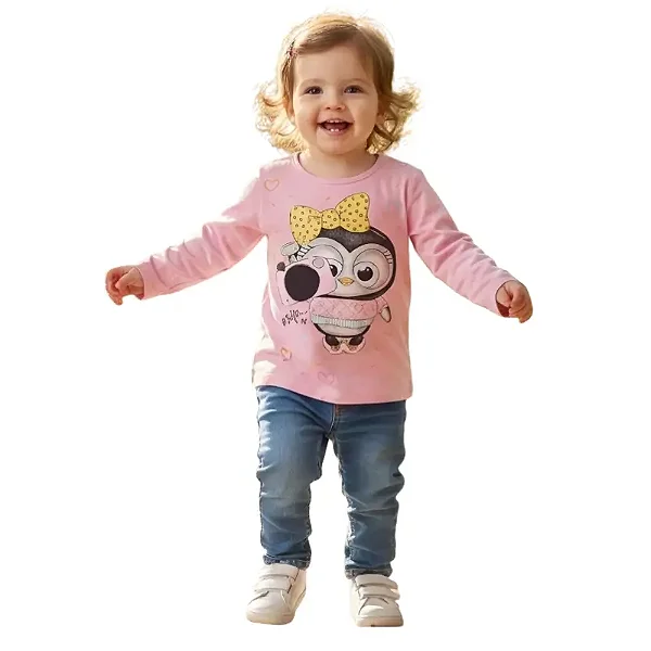 blusa manga longa bebe menina estampa pinguim 100% algodão macia tamanho 1 e 2 anos